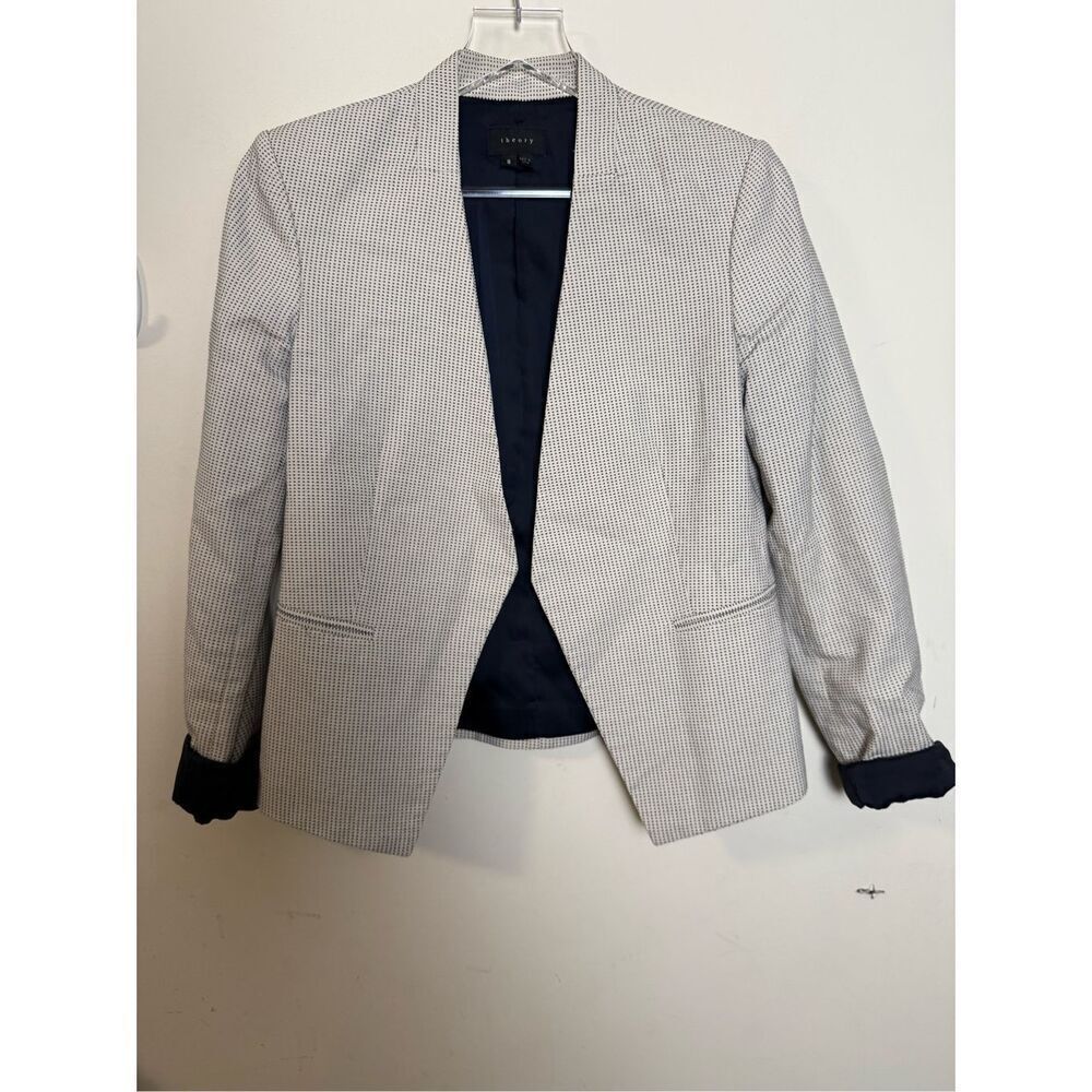 Theory Collarless Cotton Blazer Lanai Brink Open Front Polka Micro Dot Lined 8
